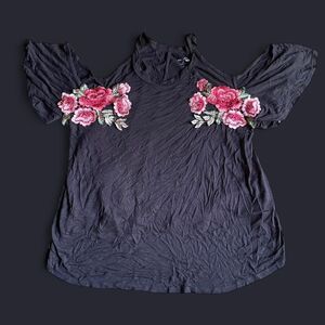 Shoulderless Top with Pink Rose Embroidery Womens large